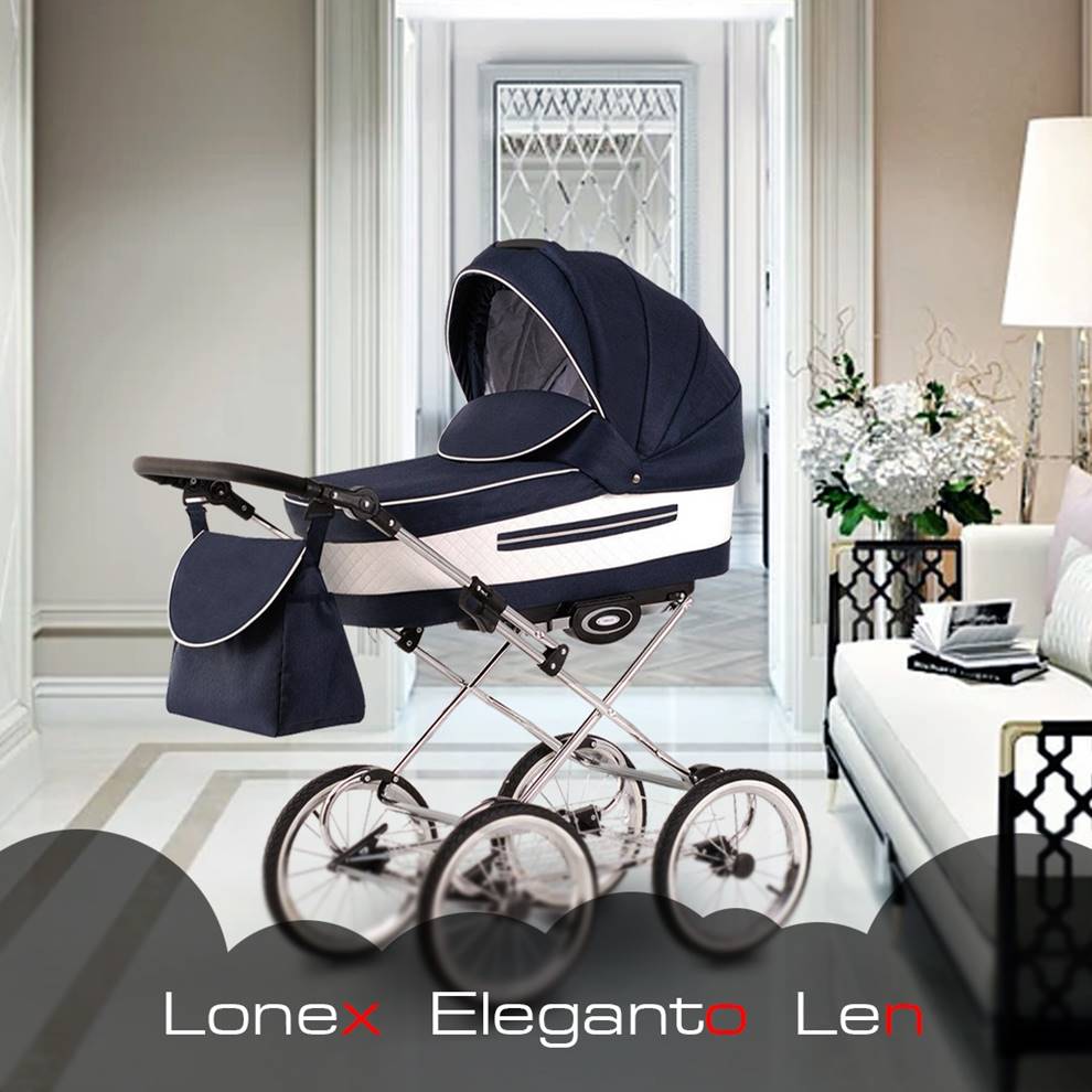 Lonex Eleganto – klasyczny wózek retro w granacie i bieli na skórzanych paskach. Vintage Stroller. 